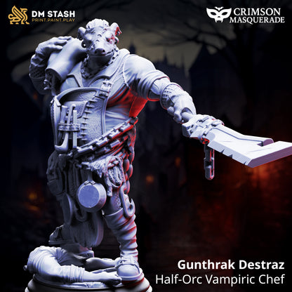 Gunthrak Destraz Half-Orc Vampiric Chef resin miniature, brutal vampire orc with oversized cleaver – gothic TTRPG boss villain