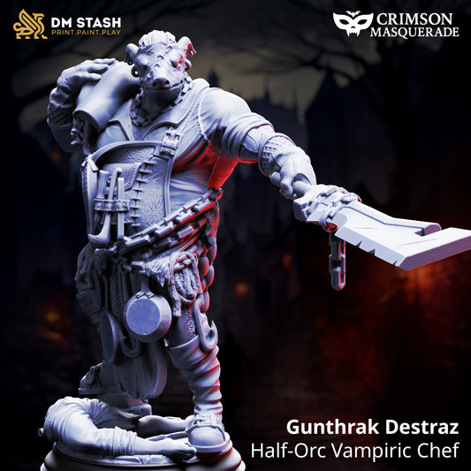 Gunthrak Destraz Half-Orc Vampiric Chef resin miniature, brutal vampire orc with oversized cleaver – gothic TTRPG boss villain