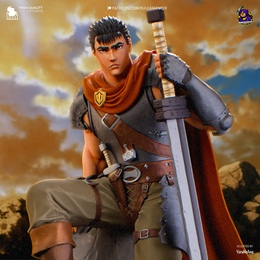 Digital render of a close-up of Guts Berserk resin fan art figure 3D printed with sword, cape, and cliff base – anime collectible statue