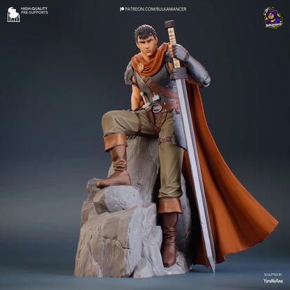 Guts Berserk resin fan art figure 3D printed with sword, cape, and cliff base – anime collectible statue