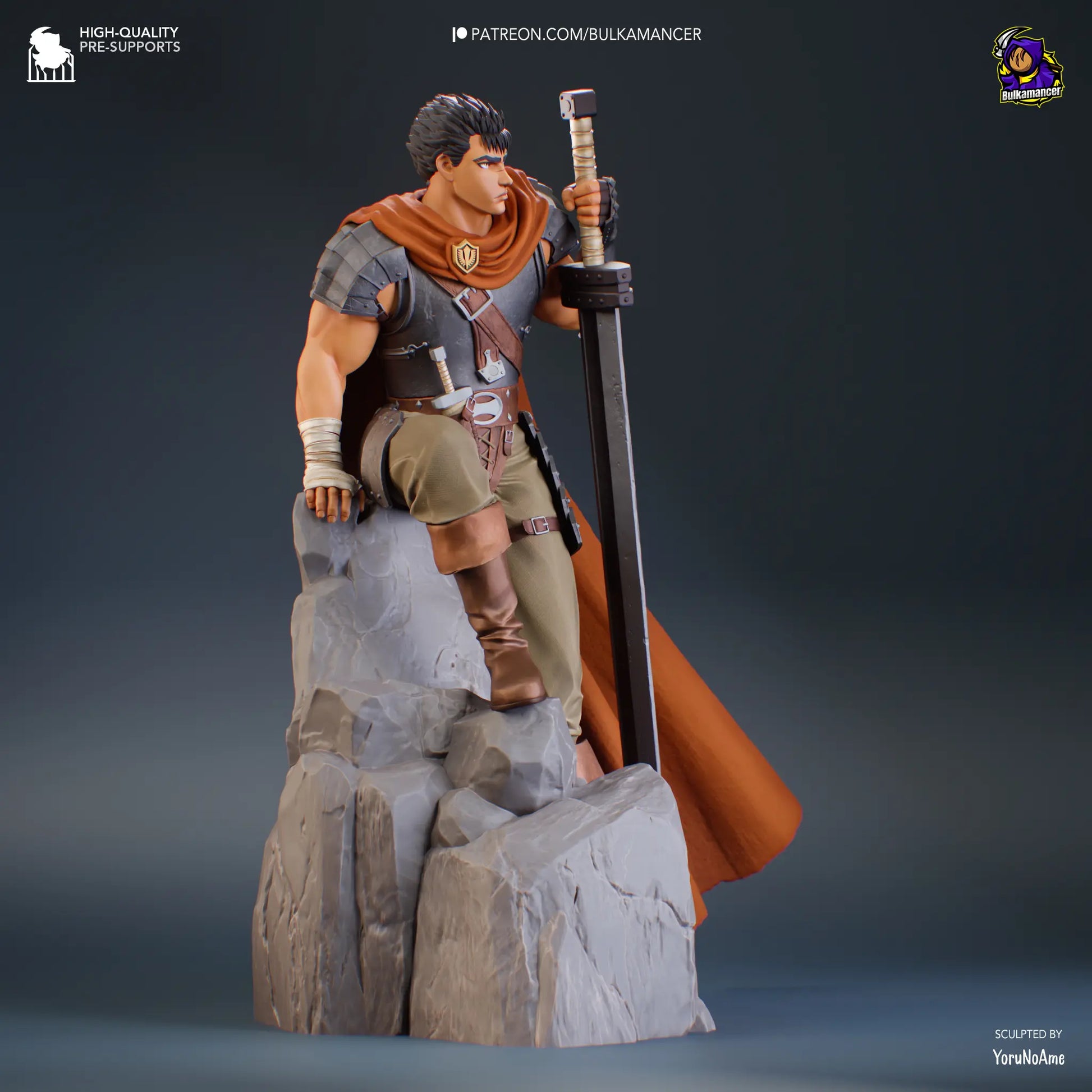 Guts Berserk resin fan art figure 3D printed with sword, cape, and cliff base – anime collectible statue