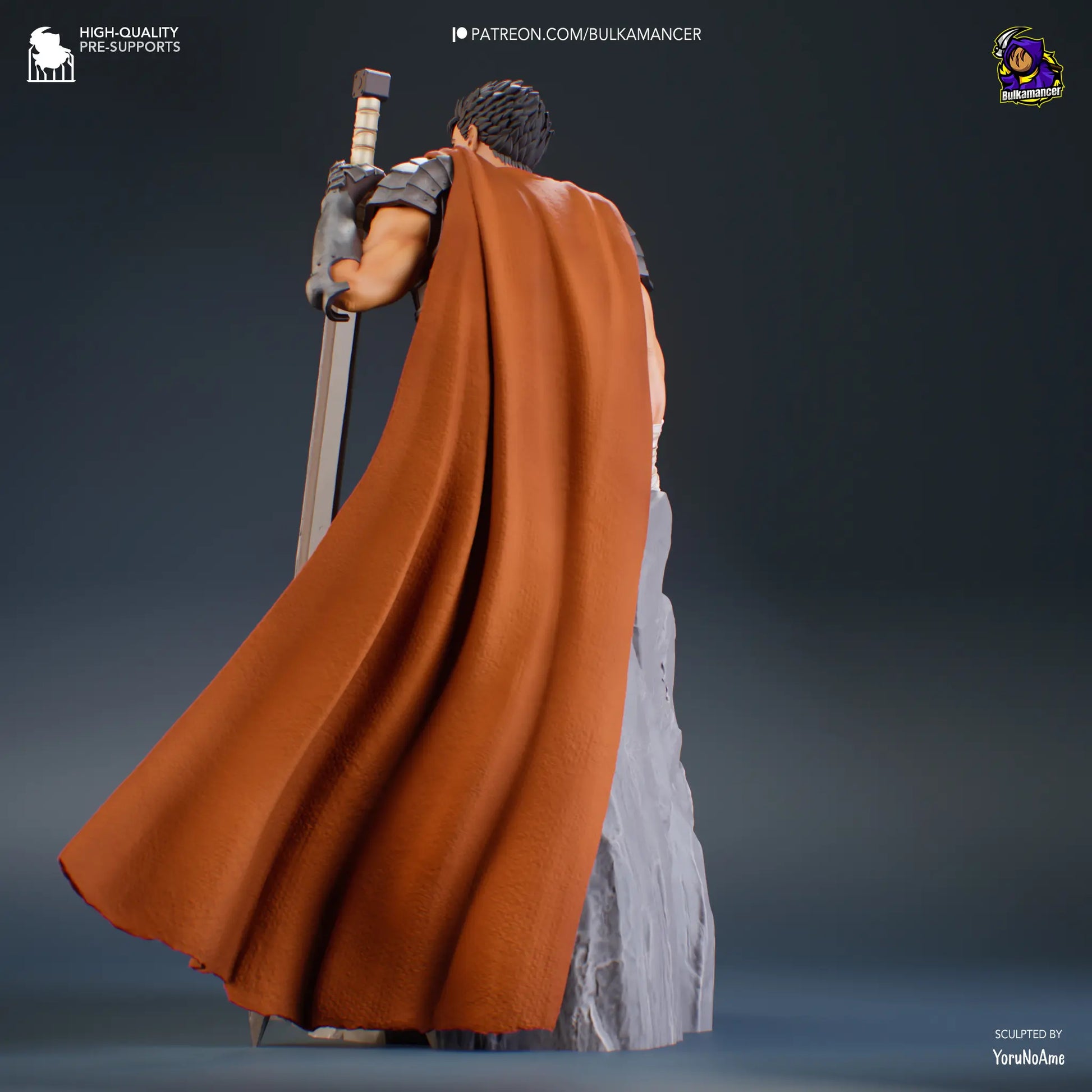 Back view of Guts Berserk resin fan art figure 3D printed with sword, cape, and cliff base – anime collectible statue