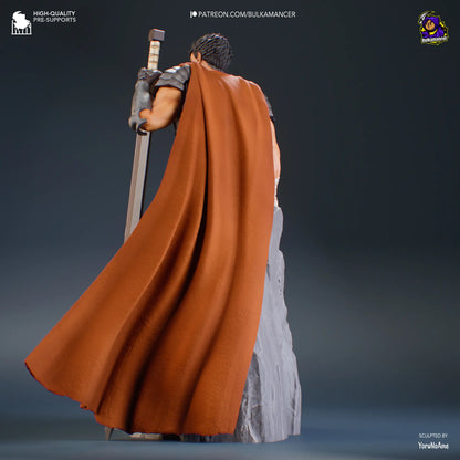 Back view of Guts Berserk resin fan art figure 3D printed with sword, cape, and cliff base – anime collectible statue