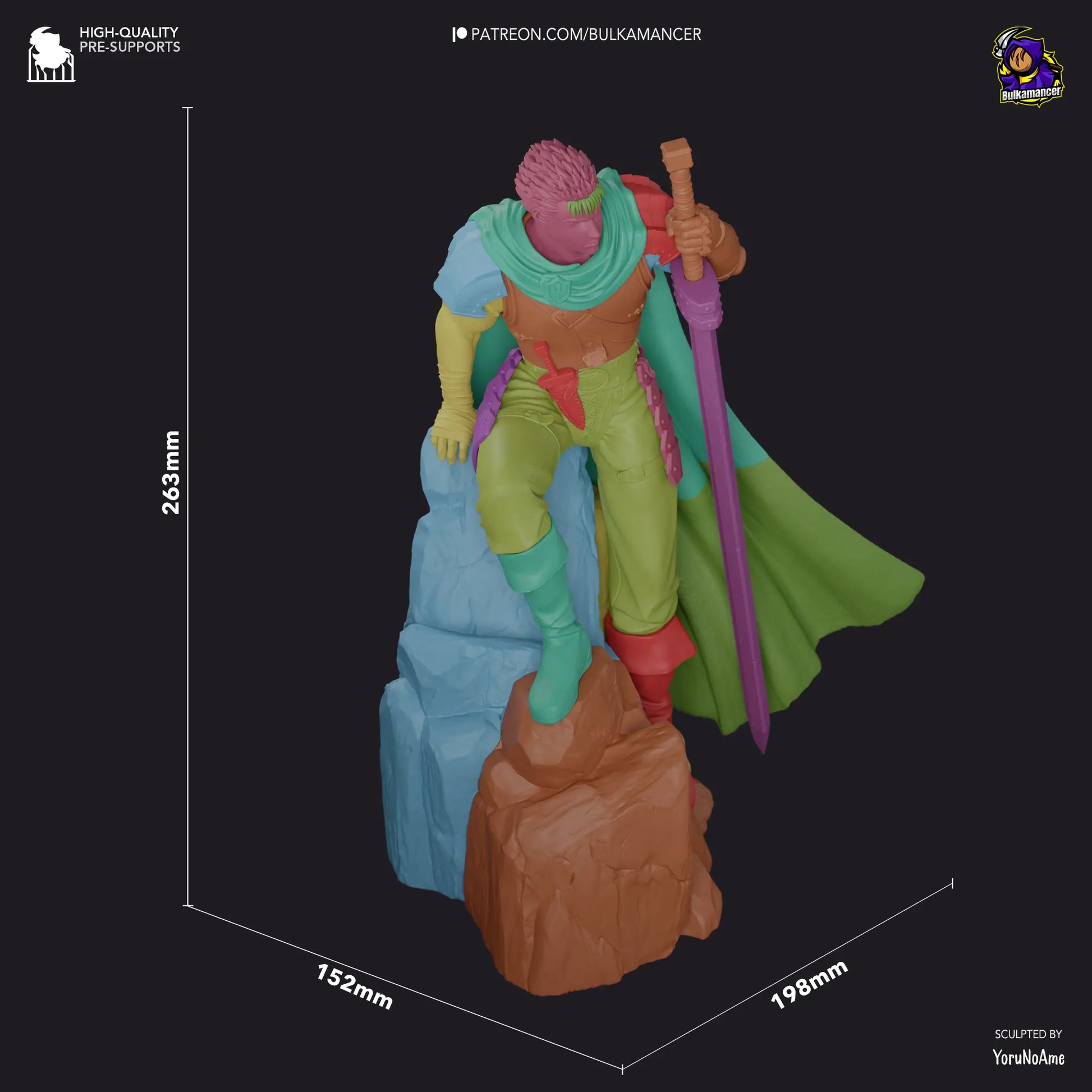 dimensions of assembled view of Guts Berserk resin fan art figure 3D printed with sword, cape, and cliff base – anime collectible statue