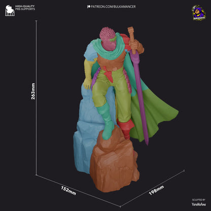 dimensions of assembled view of Guts Berserk resin fan art figure 3D printed with sword, cape, and cliff base – anime collectible statue