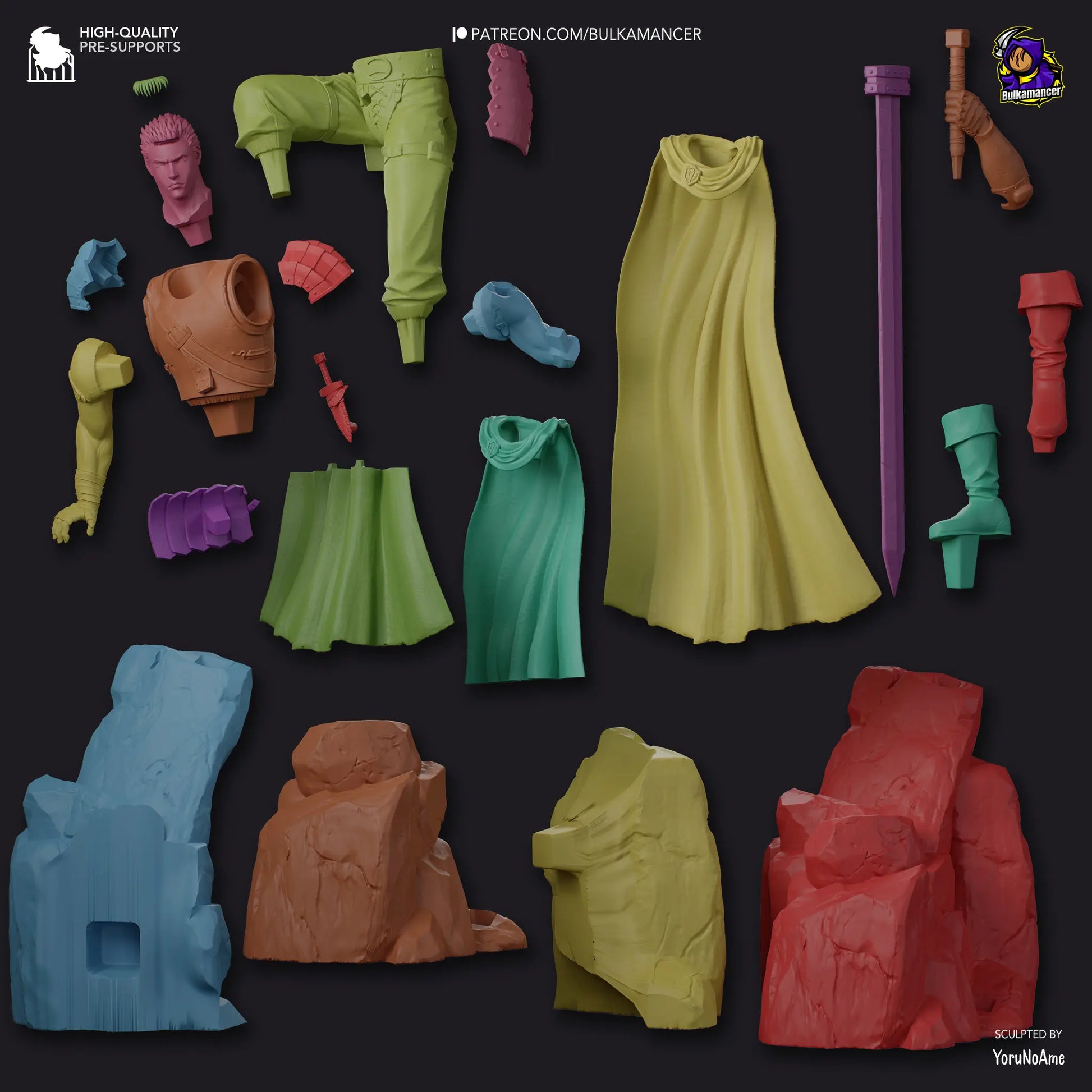 exploded view of all the 22 pieces (including alternative pieces for a split base) for assembly of Guts Berserk resin fan art figure 3D printed with sword, cape, and cliff base – anime collectible statue