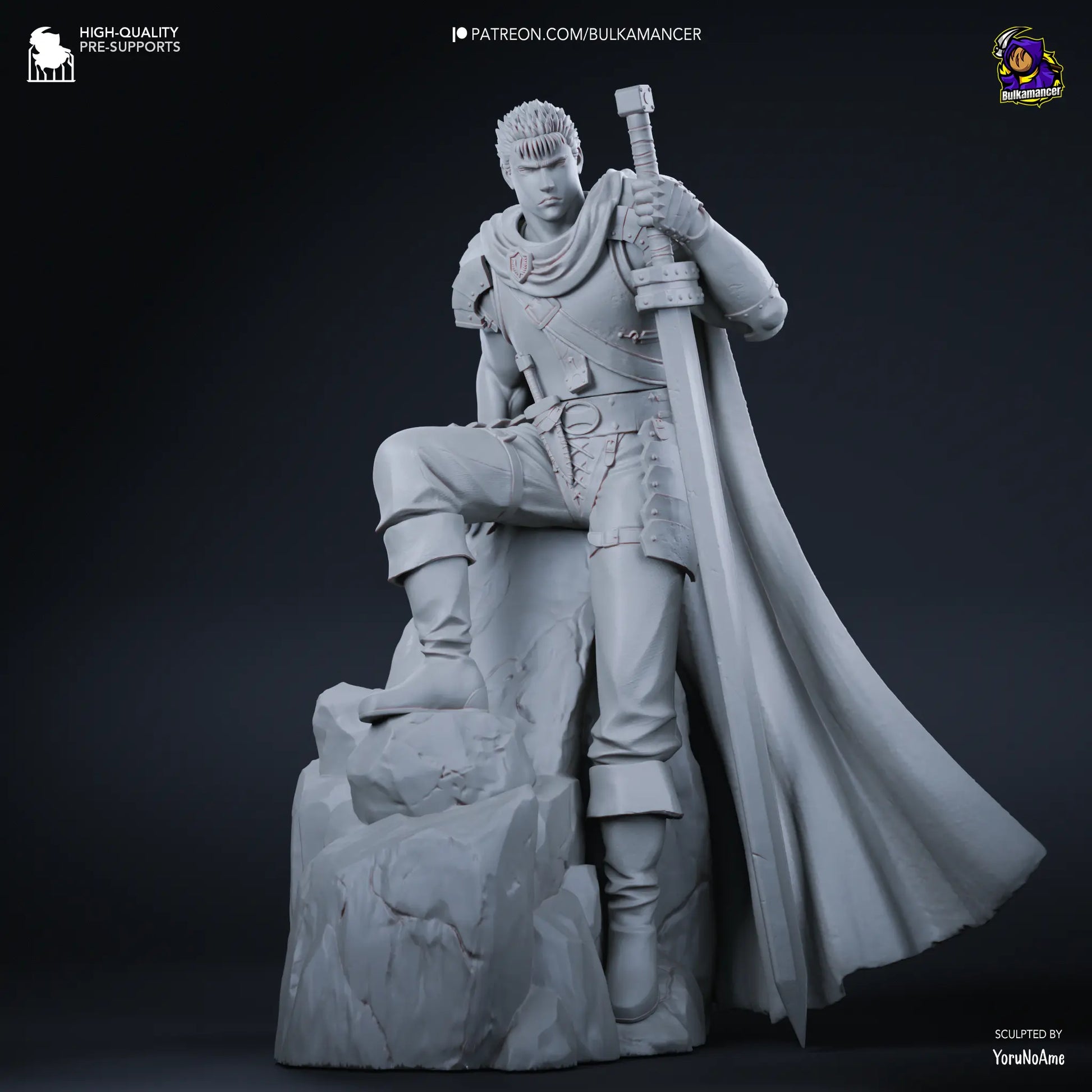 gray resin printed Guts Berserk resin fan art figure 3D printed with sword, cape, and cliff base – anime collectible statue 