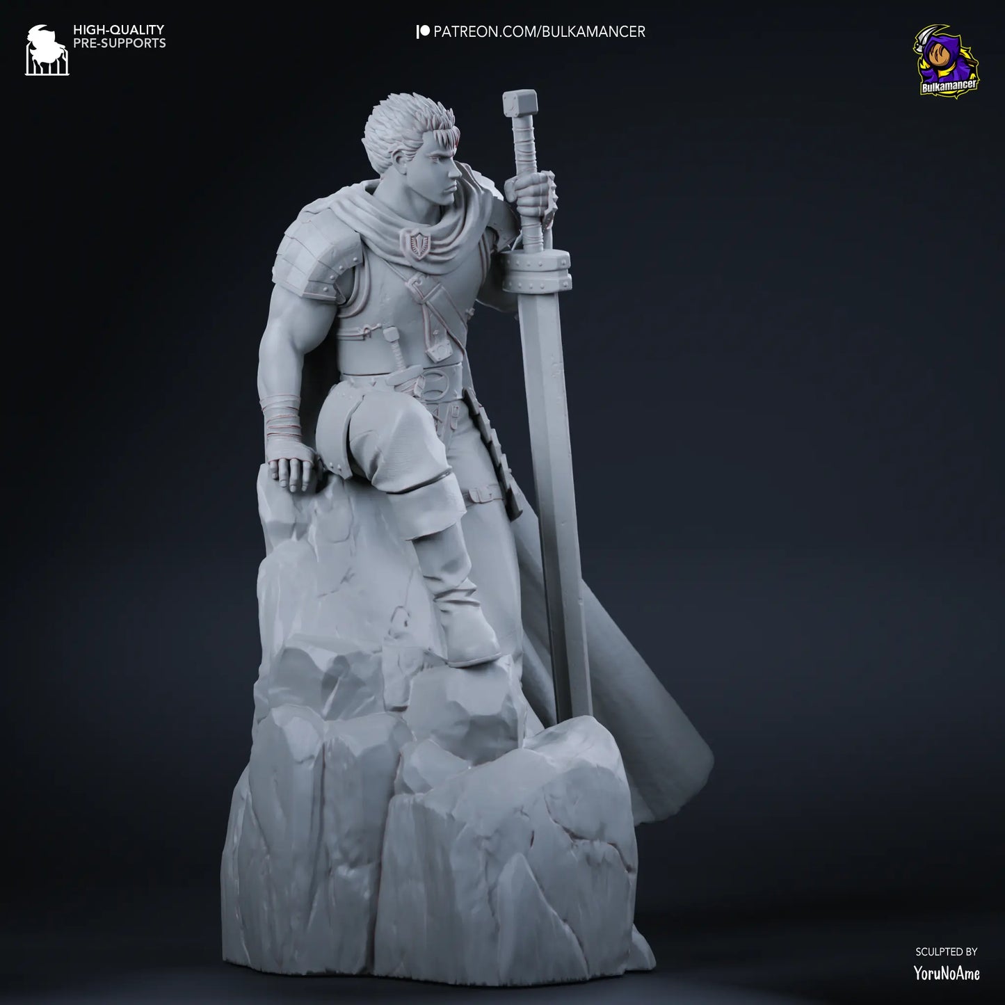 gray resin printed Guts Berserk resin fan art figure 3D printed with sword, cape, and cliff base – anime collectible statue