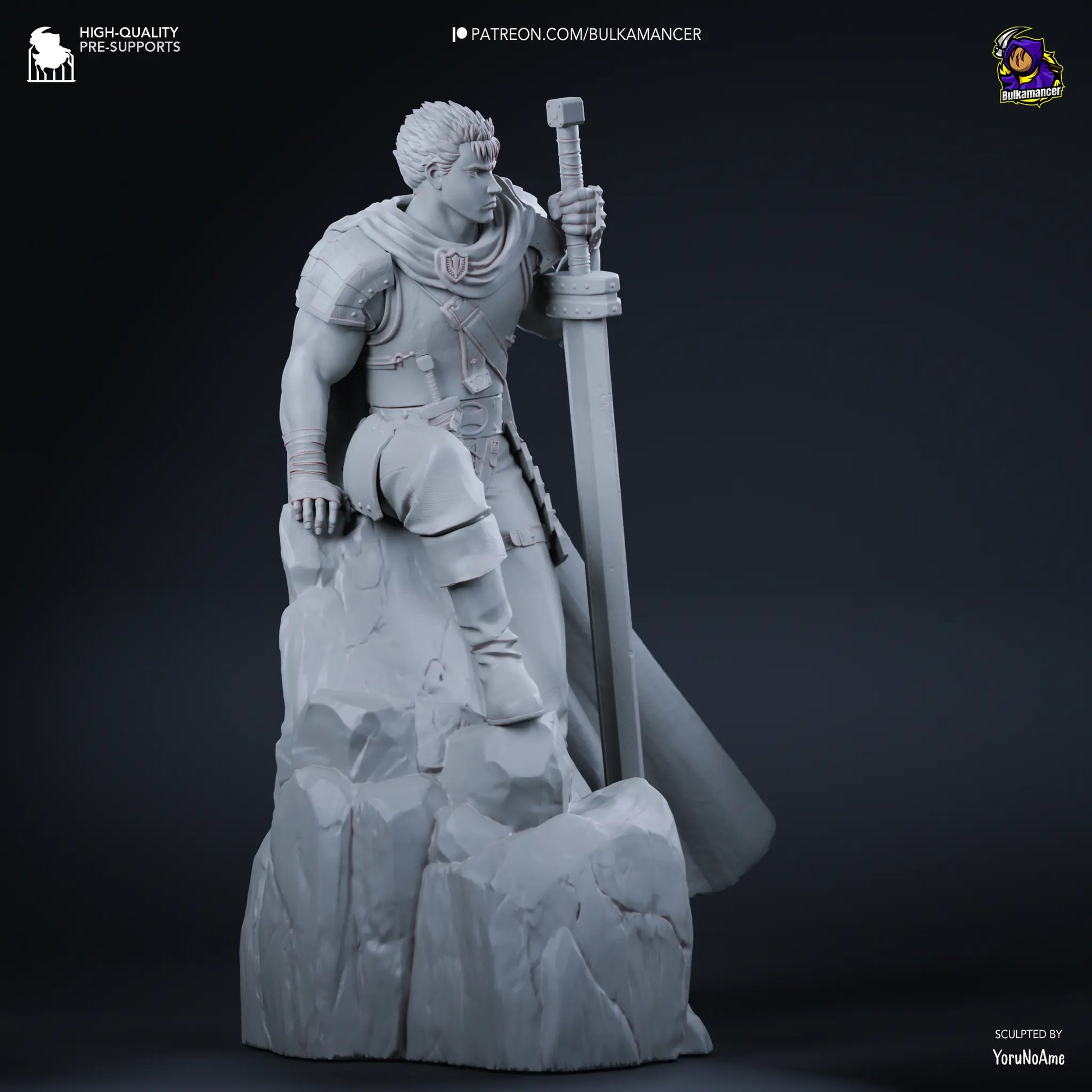 gray resin printed Guts Berserk resin fan art figure 3D printed with sword, cape, and cliff base – anime collectible statue
