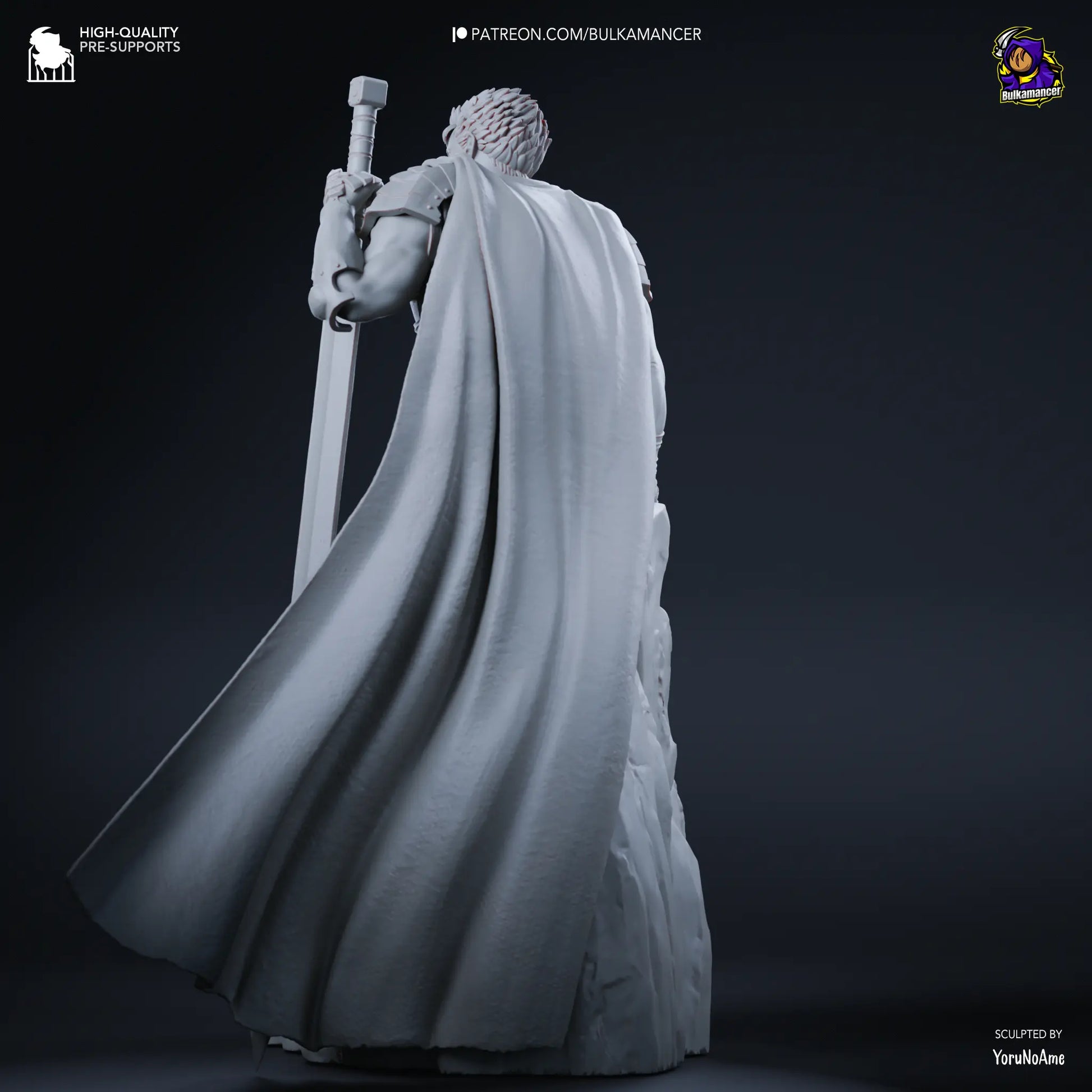 back view of a gray resin printed Guts Berserk resin fan art figure 3D printed with sword, cape, and cliff base – anime collectible statue