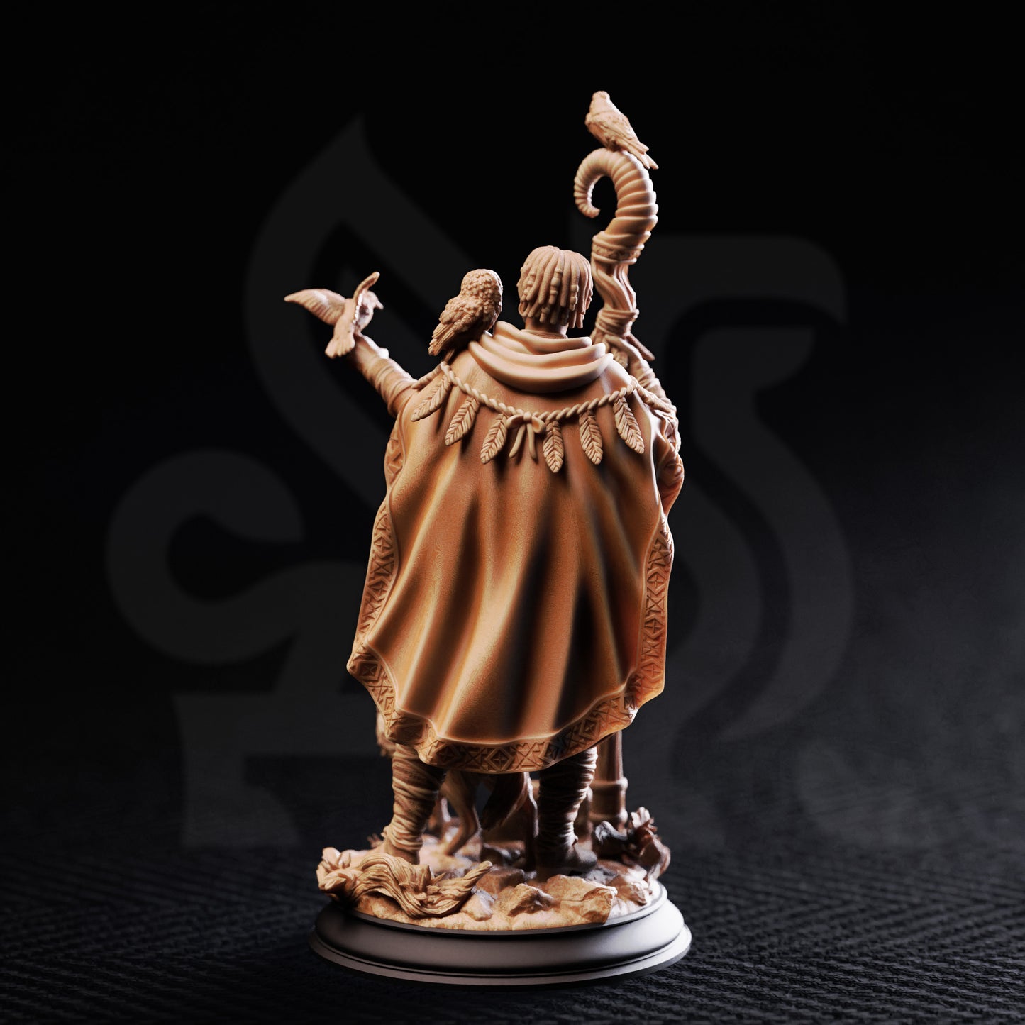 Gwambari Animal Friend Shaman resin miniature featuring a druid with wolf and owl companions, printed in 32mm and 75mm scales by D&K Custom Prints.