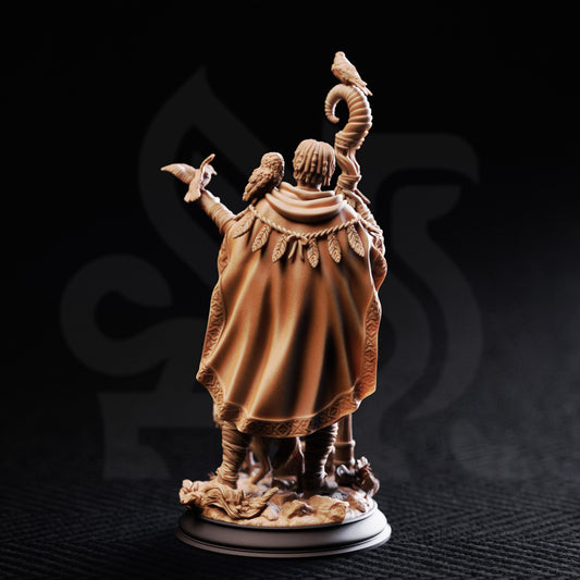 Gwambari Animal Friend Shaman resin miniature featuring a druid with wolf and owl companions, printed in 32mm and 75mm scales by D&K Custom Prints.