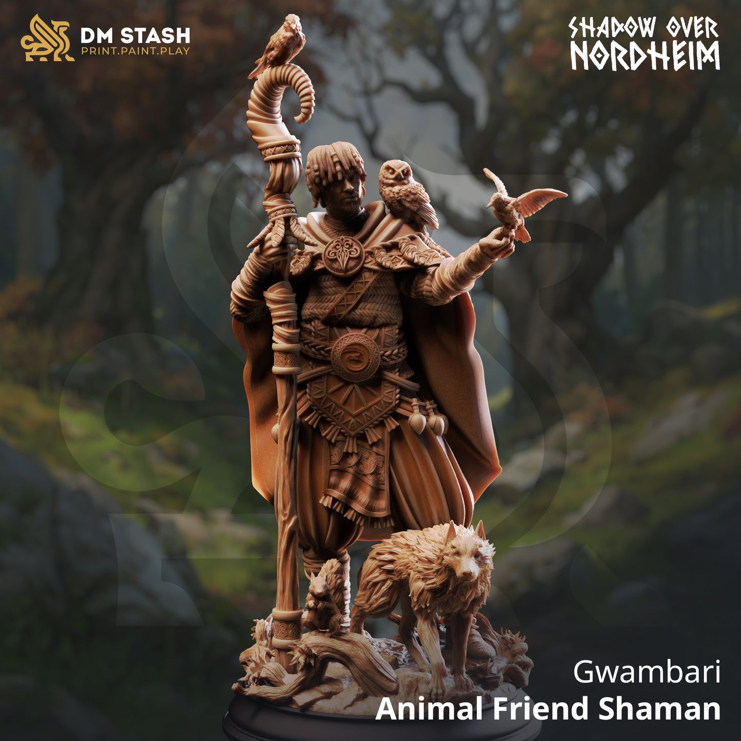 Gwambari Animal Friend Shaman resin miniature featuring a druid with wolf and owl companions, printed in 32mm and 75mm scales by D&K Custom Prints.