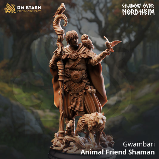 Gwambari Animal Friend Shaman resin miniature featuring a druid with wolf and owl companions, printed in 32mm and 75mm scales by D&K Custom Prints.