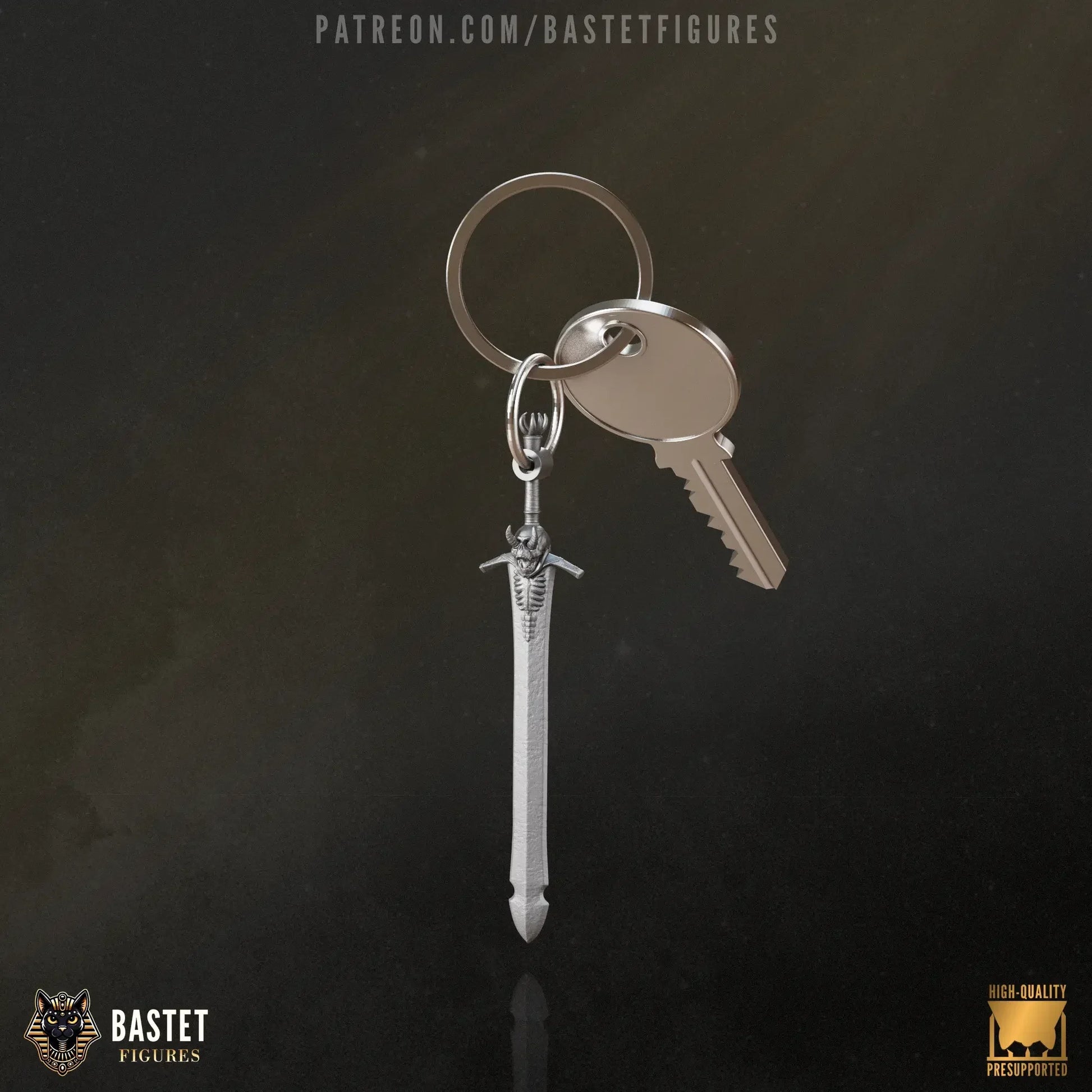 Close-up of sword keychain next to house key – 76mm long