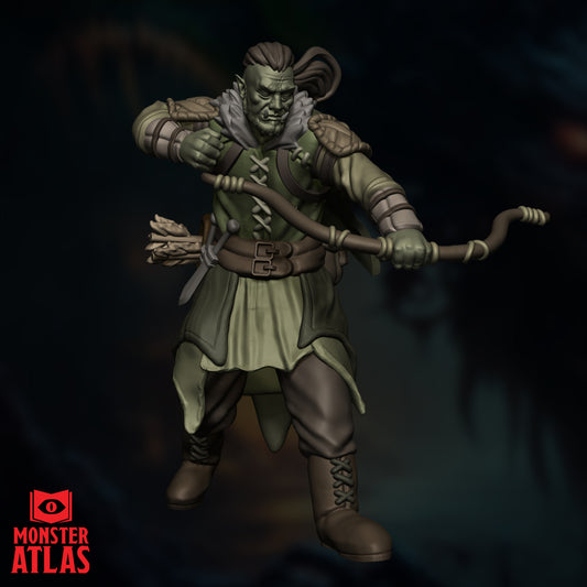 Frontal view of a Half-Orc Ranger miniature holding a bow and dagger.