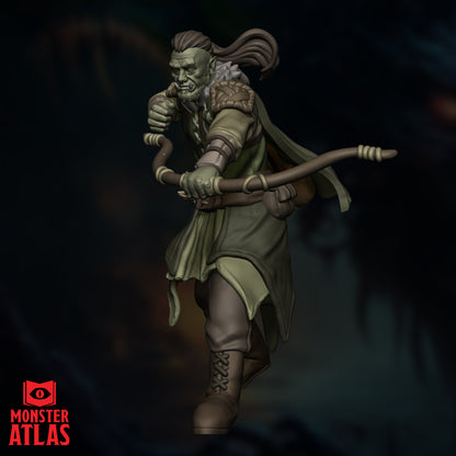 Angle left view of the Half-Orc Ranger showing the quiver, cloak texture, and fur-lined boots.