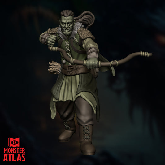Front profile of the Half-Orc Ranger highlighting the facial detail, tusks, and bow sculpt.