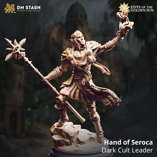 A high-detail 3D printed resin miniature of the Hand of Seroca, a masked Dark Cult Leader from DM Stash. This elven spellcaster is shown in 32mm tabletop scale with flowing ritual robes and a featureless face, perfect for D&D or display painting.