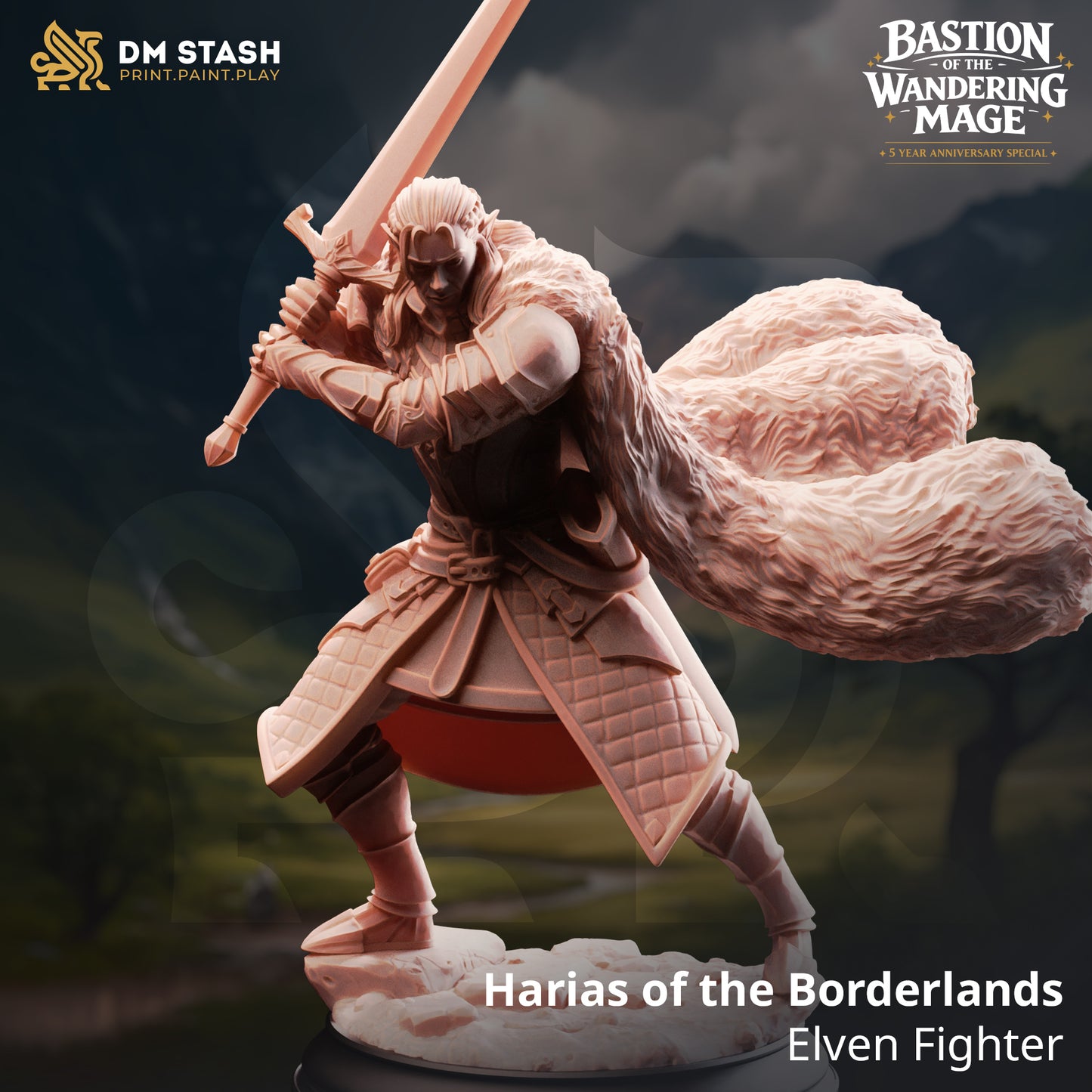 Harias of the Borderlands Elven Fighter resin miniature by DM Stash wielding a massive greatsword with a large fur cloak, printed by D&K Custom Prints.