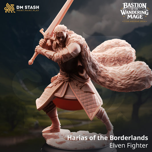 Harias of the Borderlands Elven Fighter resin miniature by DM Stash wielding a massive greatsword with a large fur cloak, printed by D&K Custom Prints.