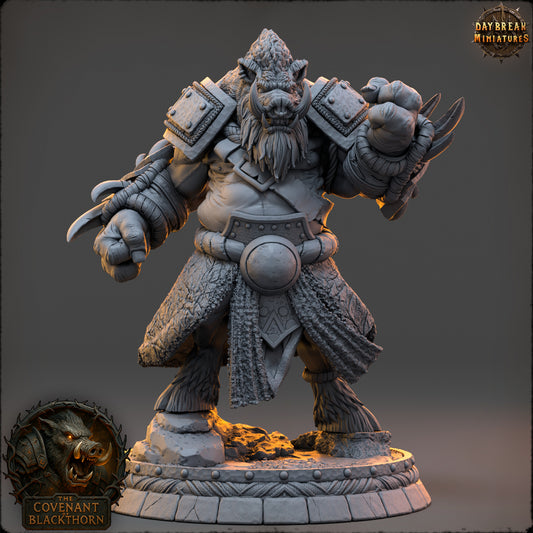 Harn Spinesnout boarfolk warlord by Daybreak Miniatures, 32mm or 54mm resin figure for beastkin TTRPG encounters and fantasy wargames.