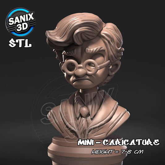 3D printed chibi-style Harry Potter caricature bust, 7–8 cm tall, available in raw, primed, or painted finishes.