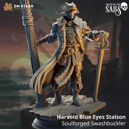 Harvold Blue Eyes Stalson pirate miniature with sword by mast on ship deck for TTRPG