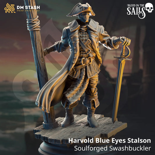 Harvold Blue Eyes Stalson pirate miniature with sword by mast on ship deck for TTRPG