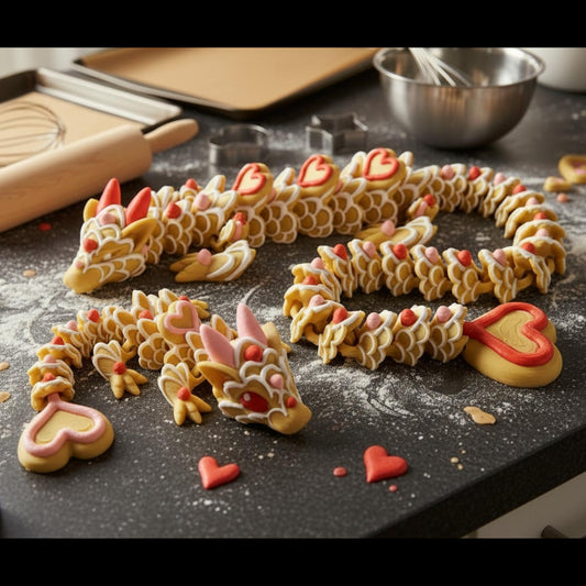 Heart decorated dragon shaped cookies arranged on a kitchen counter with baking tools and heart accents