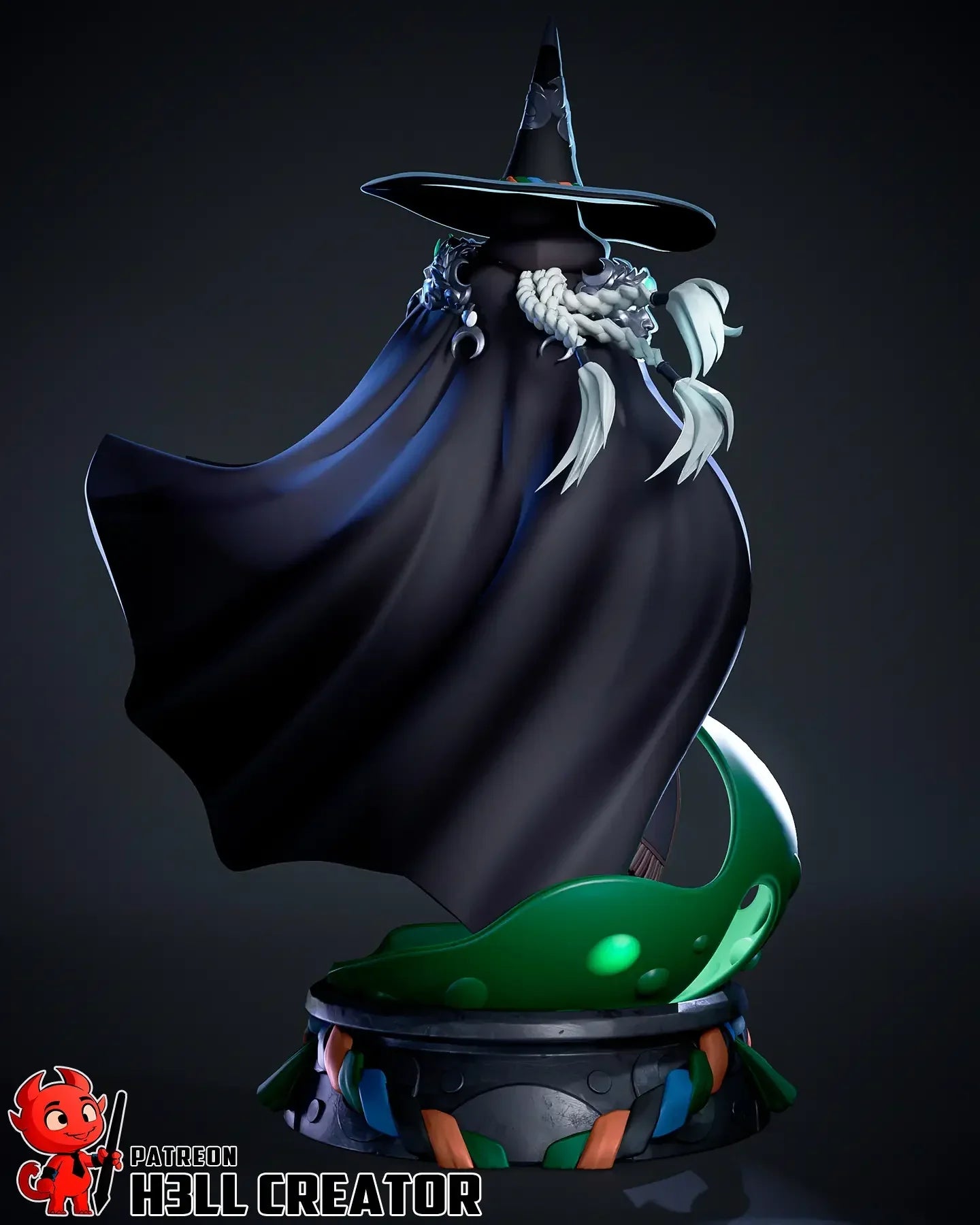 Rear view of Hecate witch statue showing braided hair and cape