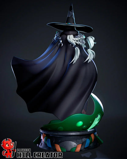 Rear view of Hecate witch statue showing braided hair and cape
