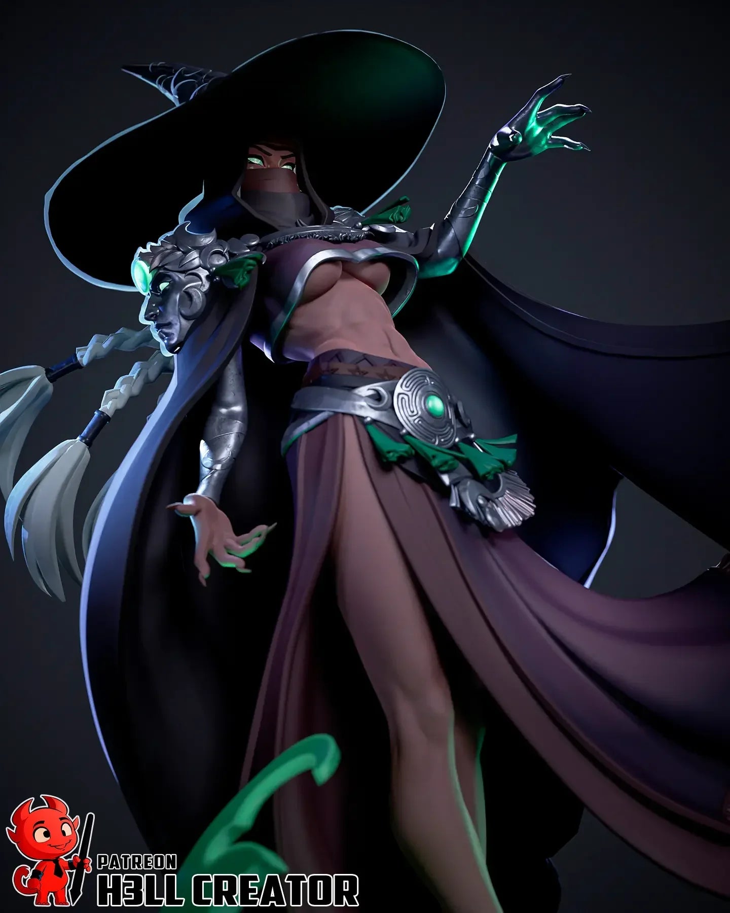 Low upward view emphasizing Hecate statue height and legs