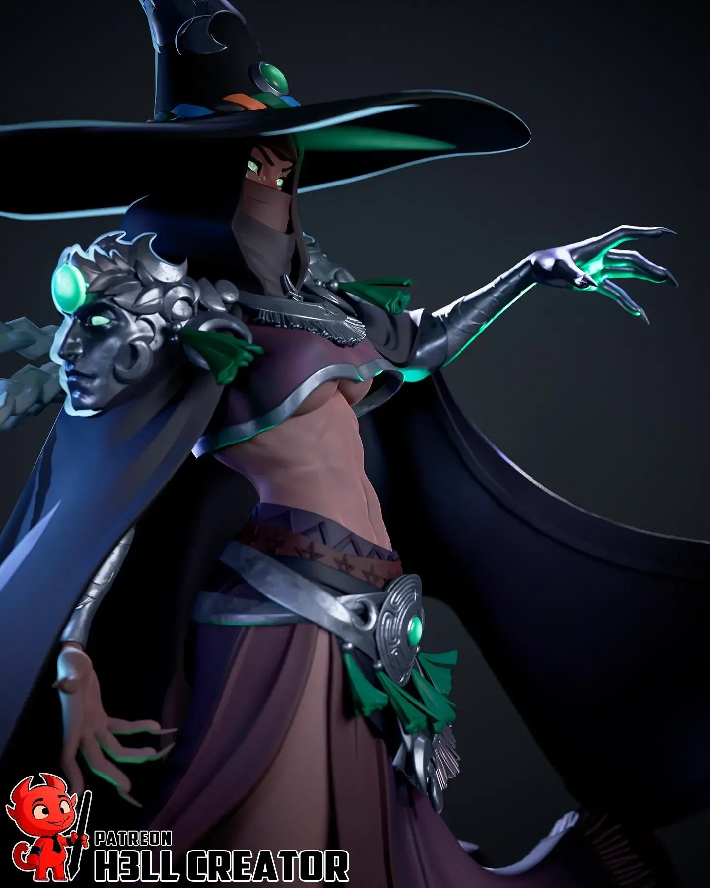 Close-up of Hecate’s hand casting a spell with green glow