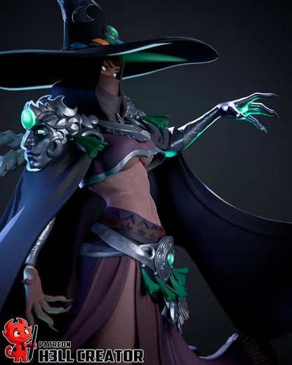 Close-up of Hecate’s hand casting a spell with green glow