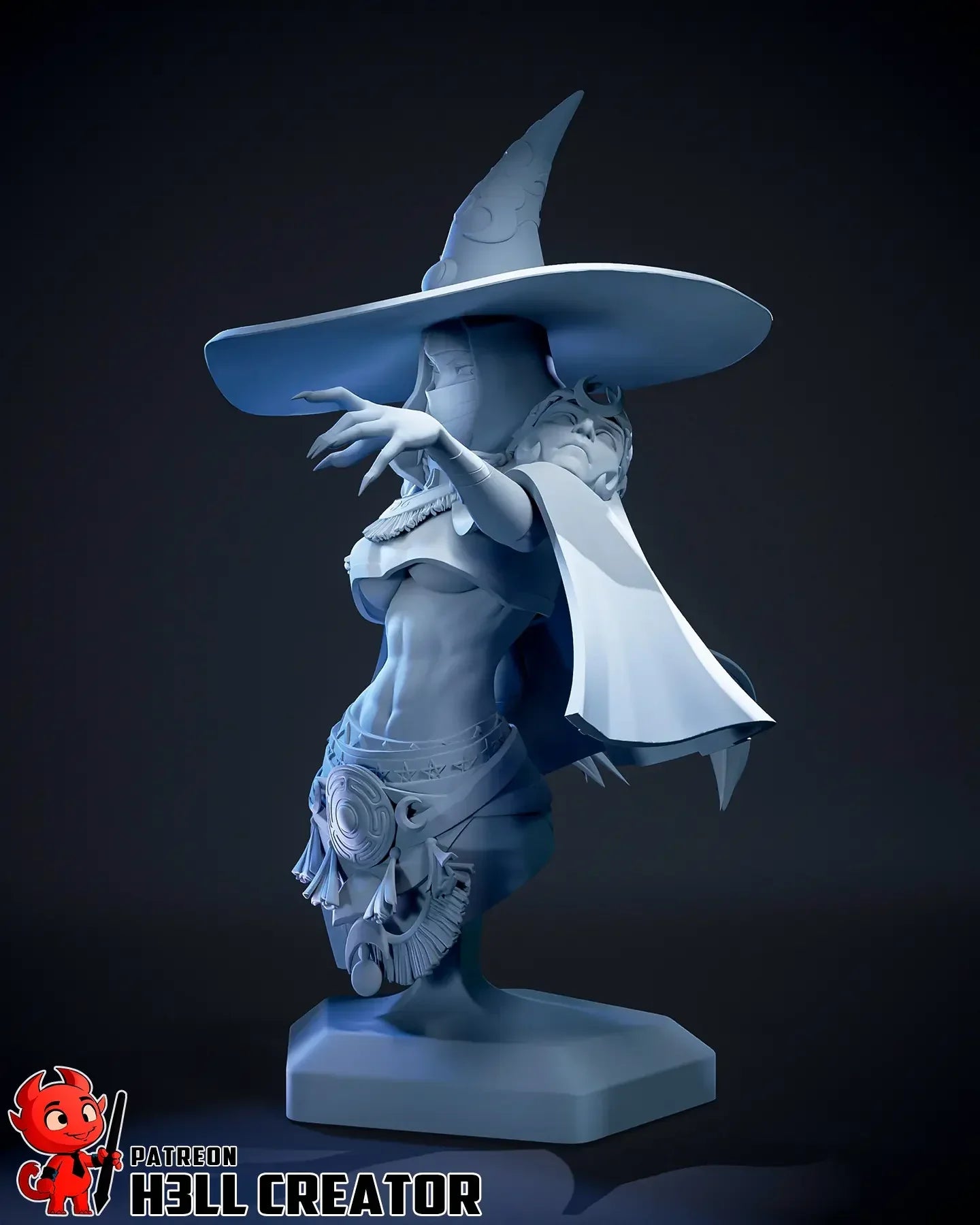 Side view of raw resin bust of Hecate showing intricate sculpt