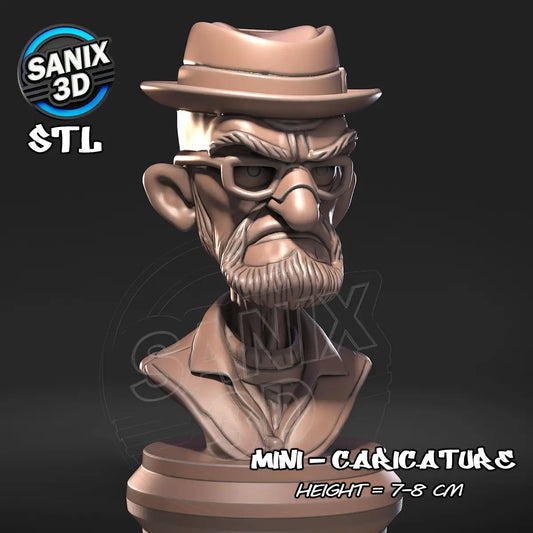 Heisenberg Walter White resin fan art caricature bust – 7-8 cm 3D printed mini collectible available raw, primed, or painted.