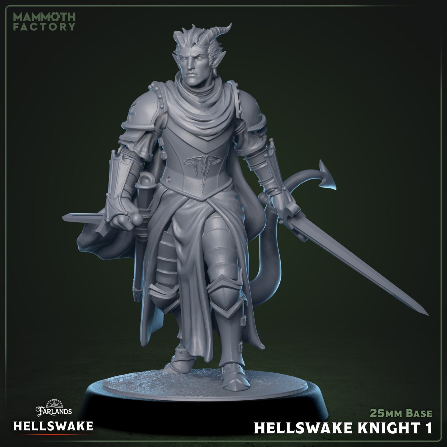 Hellswake Knights 3D printed resin miniatures on 25 mm bases, 32 mm scale infernal warriors for tabletop RPGs or painting.