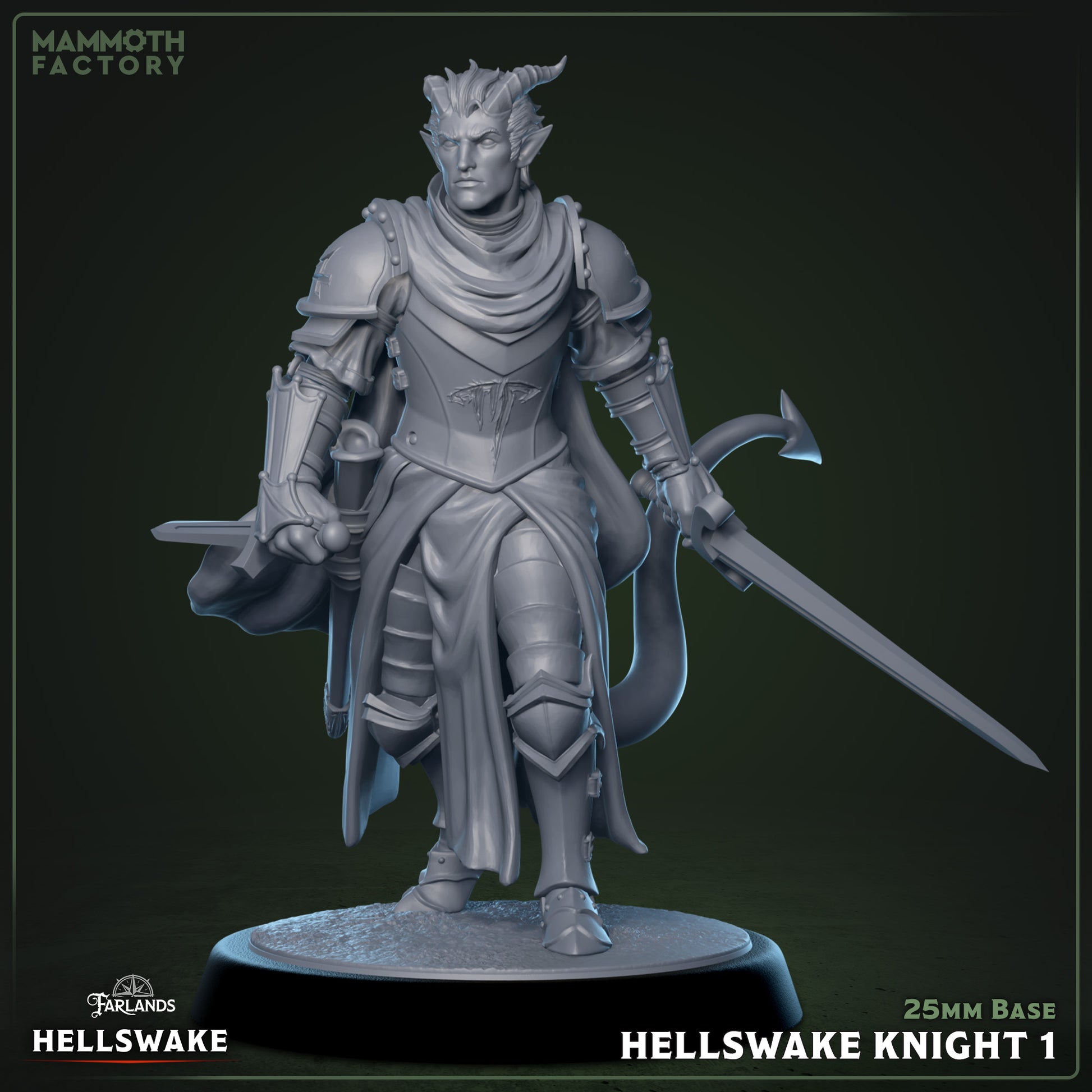 Hellswake Knights 3D printed resin miniatures on 25 mm bases, 32 mm scale infernal warriors for tabletop RPGs or painting.