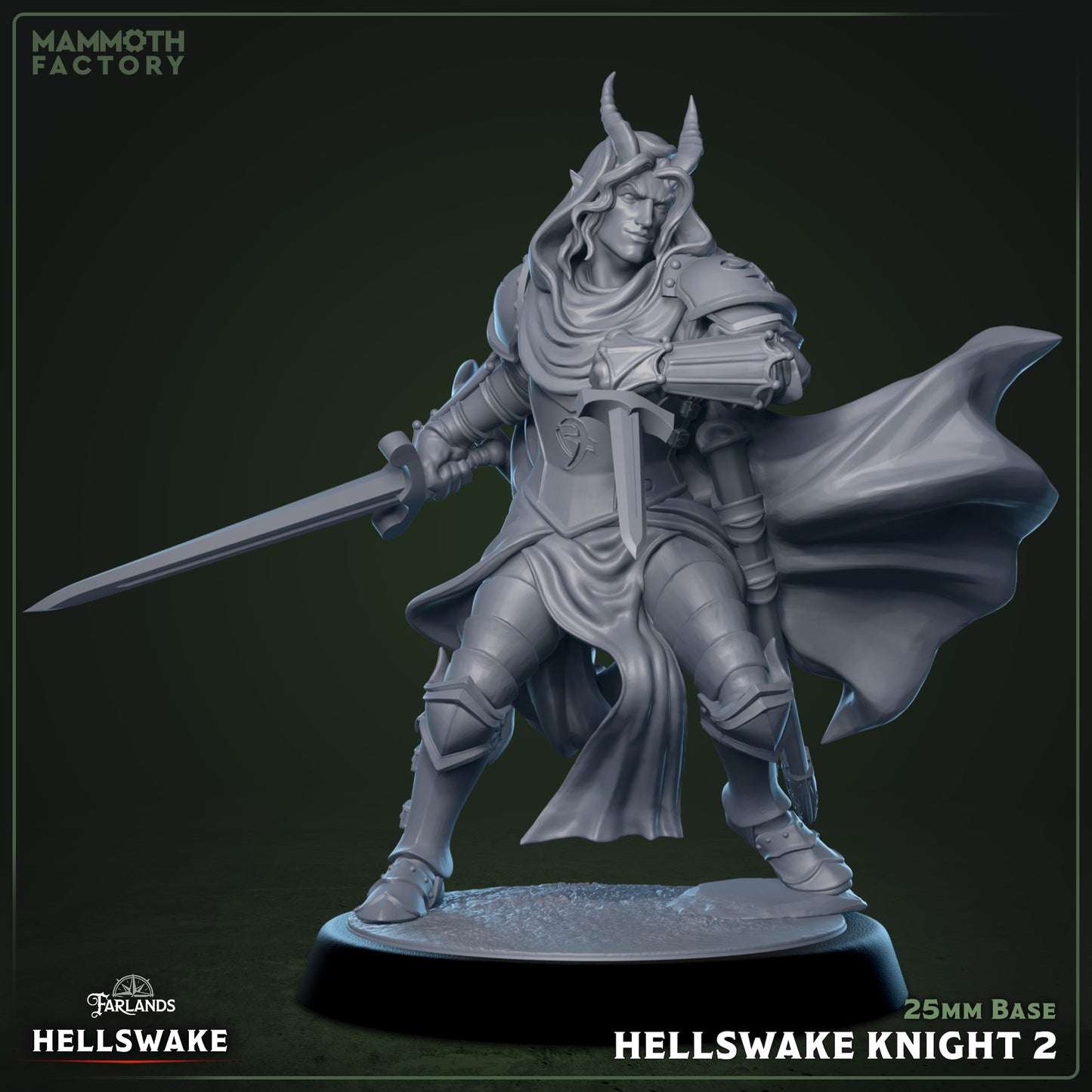 Hellswake Knights 3D printed resin miniatures on 25 mm bases, 32 mm scale infernal warriors for tabletop RPGs or painting.