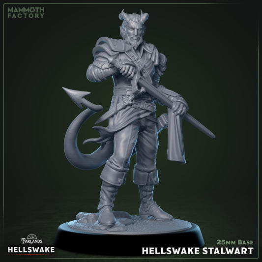 Hellswake Stalwart 3D printed resin miniature on a 25 mm base, 32 mm scale infernal fighter for tabletop RPGs or display painting.