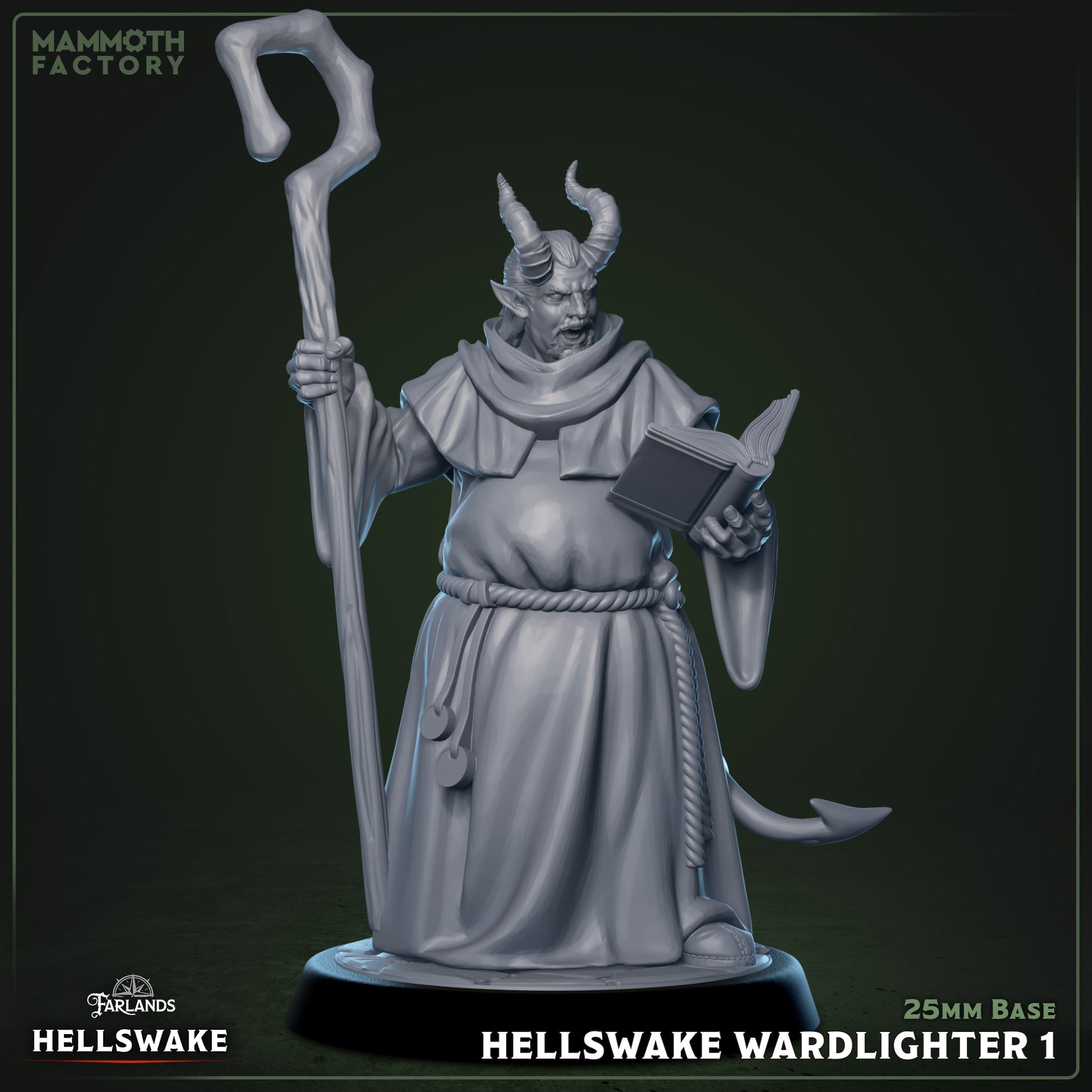 Hellswake Wardlighters resin miniatures on 25 mm bases — three infernal priest figures with staffs and robes for tabletop RPGs.