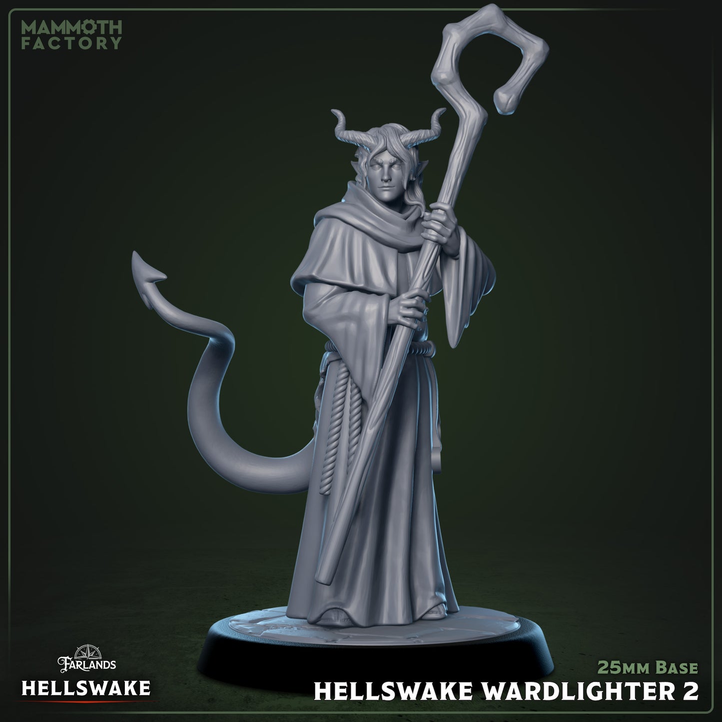 Hellswake Wardlighters resin miniatures on 25 mm bases — three infernal priest figures with staffs and robes for tabletop RPGs.