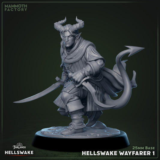 Hellswake Wayfarers resin miniatures on 25 mm bases — three infernal warriors with twin blades, ideal for TTRPG or painting display.