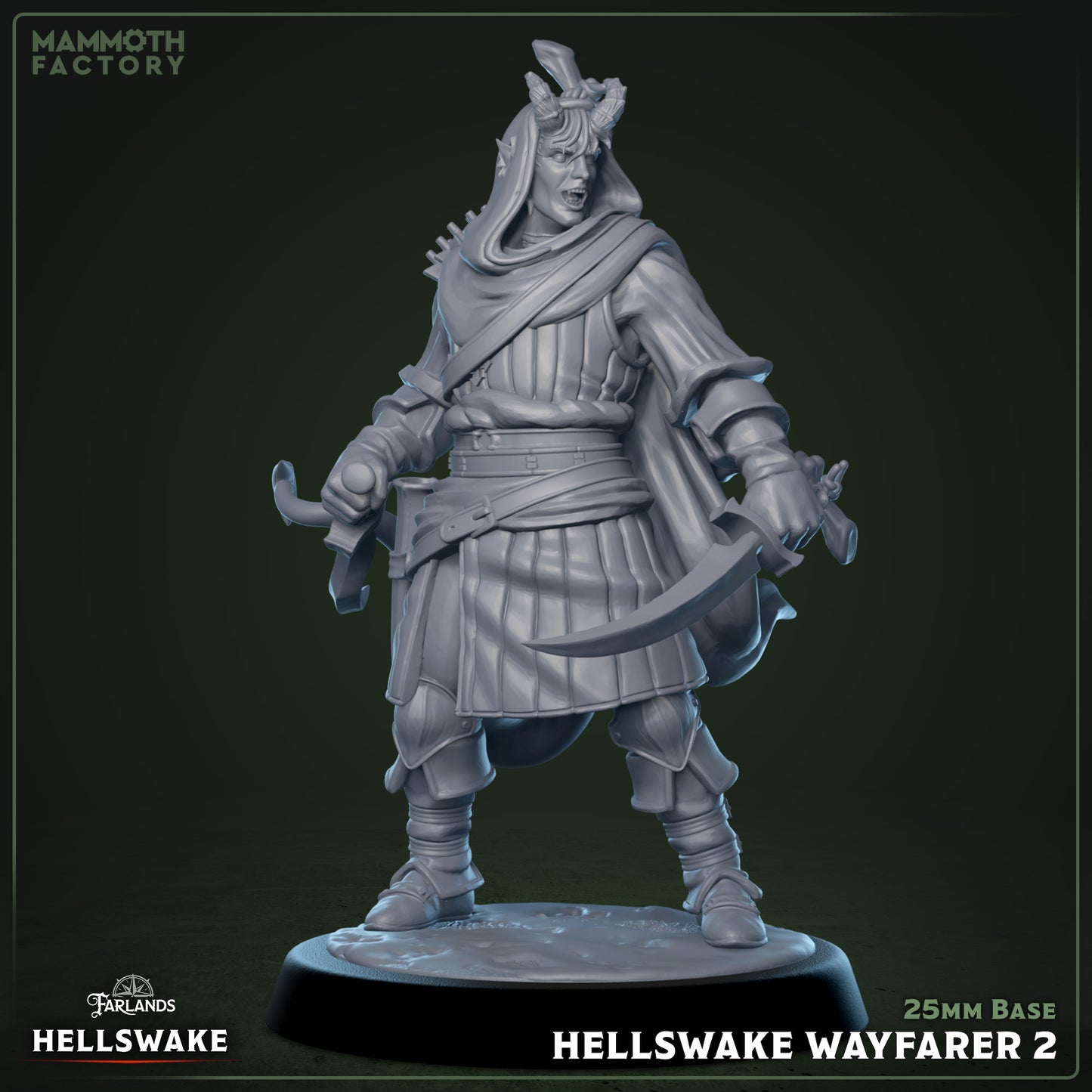 Hellswake Wayfarers resin miniatures on 25 mm bases — three infernal warriors with twin blades, ideal for TTRPG or painting display.