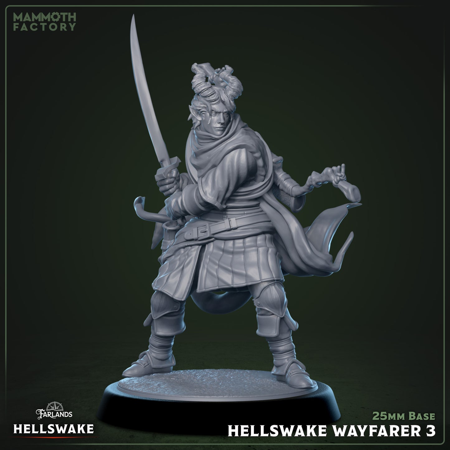Hellswake Wayfarers resin miniatures on 25 mm bases — three infernal warriors with twin blades, ideal for TTRPG or painting display.