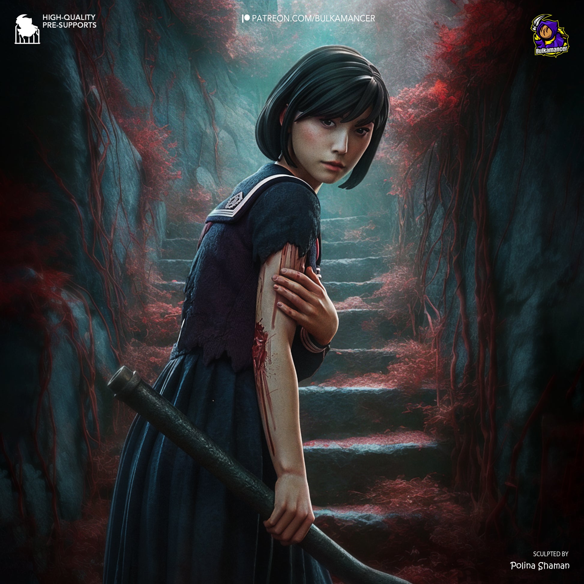 Reflective Ballerina Warrior 3D printed resin figure – 216 mm tall fantasy collectible sculpted by Polina Shaman for Bulkamancer.