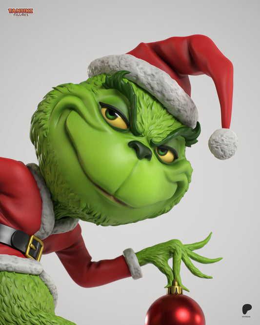 Holiday goblin statue with festive outfit mischievous expression and ornament display figure