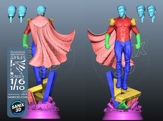 Multi-part assembly view of the Homelander resin kit by SANIX3D, highlighting the torso, cape, body, and base components.