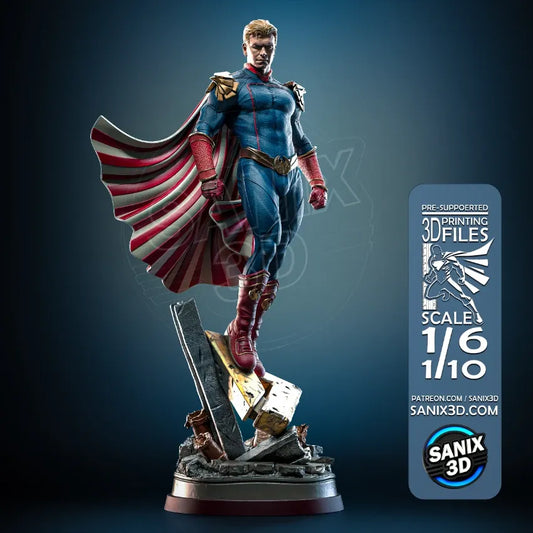 Premium Homelander resin statue by SANIX3D in a powerful heroic stance featuring a detailed eagle display base and flowing patriotic cape.